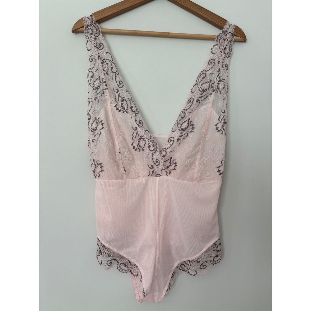 Marilyn Monroe Pink Lace V-Neck Bodysuit Floral Mesh Intimates large Lingerie